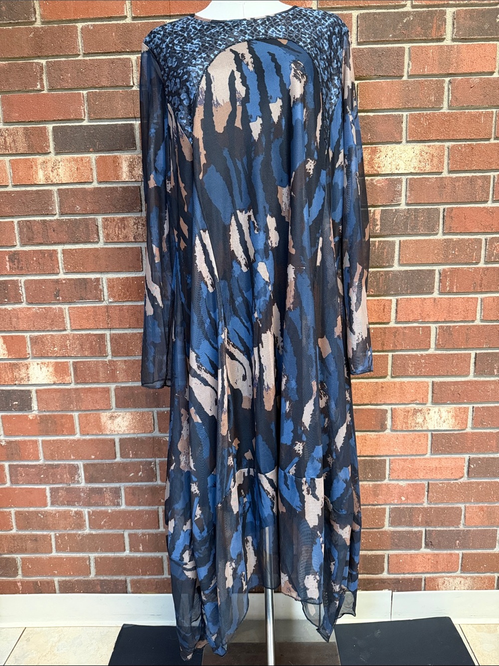 Picadilly Canada Lace Yoke Blue & Taupe Dress Size Large